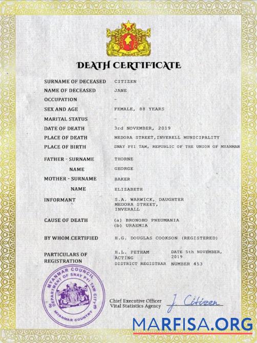 Blank Myanmar death certificate PSD template